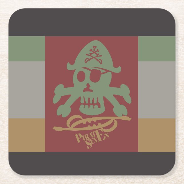 PIRATE SEVEN SKULL BY MASANSER PIXELAT SQUARE PAPER COASTER (Front)