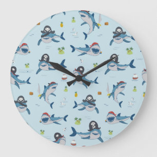 Pirate Shark Doodle Illustration Large Clock