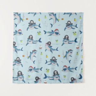 Pirate Shark Doodle Illustration Tapestry