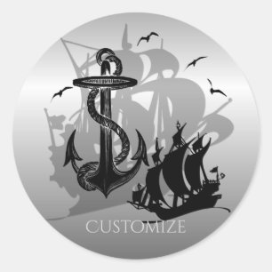 Pirate Ship & Anchor Black Silhouette Classic Round Sticker