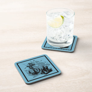 Pirate Ship & Anchor Black Silhouette Coasters