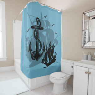 Pirate Ship & Anchor Black Silhouette Curtain