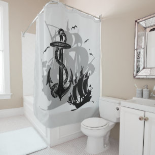 Pirate Ship & Anchor Black Silhouette Curtain 4