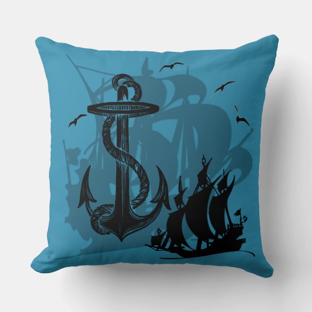 Pirate Ship & Anchor Black Silhouette Cushion (Front)