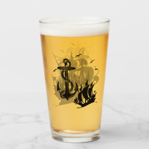 Pirate Ship & Anchor Black Silhouette Glass