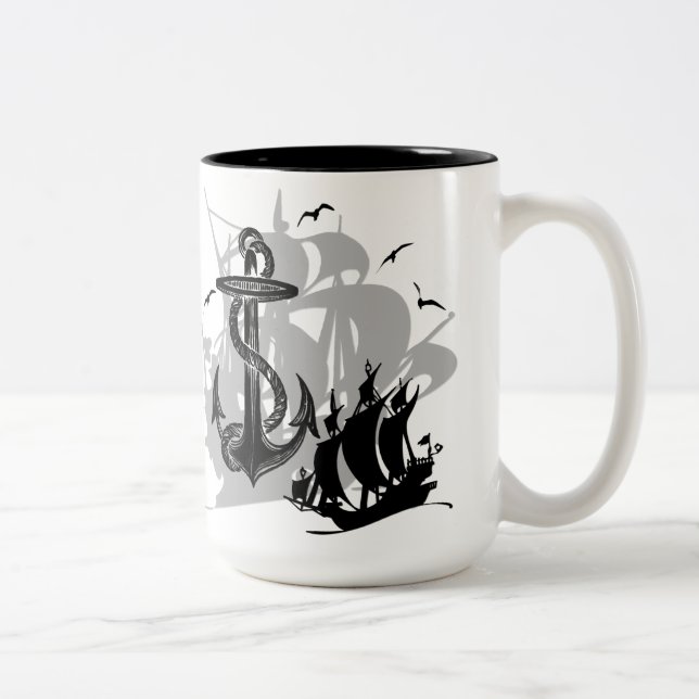 Pirate Ship & Anchor Black Silhouette Mug (Right)