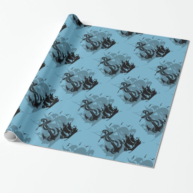 Pirate Ship & Anchor Black Silhouette Paper 2 (Unrolled)