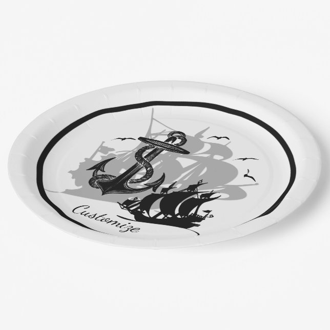 Pirate Ship & Anchor Black Silhouette Paper Plates (Angled)