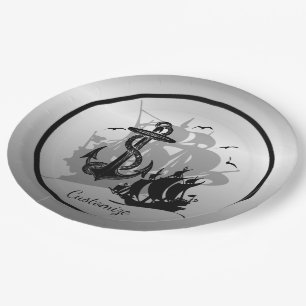Pirate Ship & Anchor Black Silhouette Paper Plates