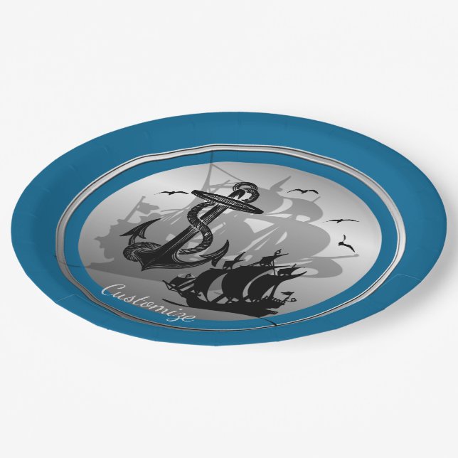 Pirate Ship & Anchor Black Silhouette Plates 3 (Angled)