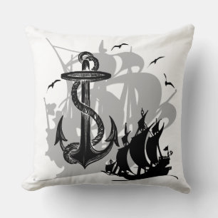 Pirate Ship & Anchor Black Silhouette Throw Pillow