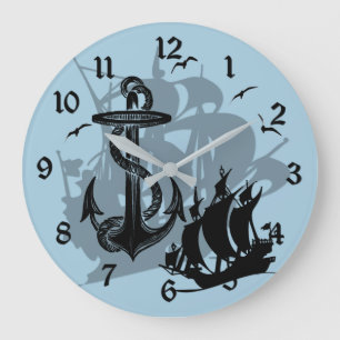 Pirate Ship & Anchor Black Silhouette Wall Clock 2