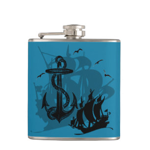 Pirate Ship & Anchor Blue Hip Flask