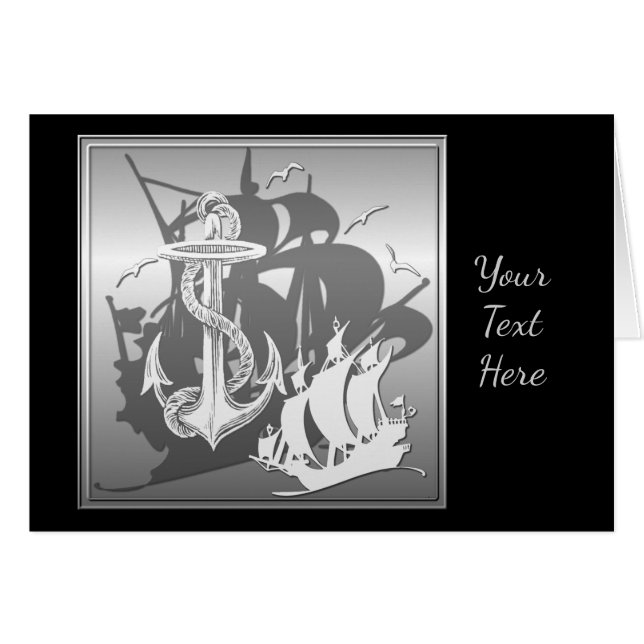 Pirate Ship & Anchor White Silhouette Card (Front Horizontal)