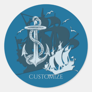 Pirate Ship & Anchor White Silhouette Classic Round Sticker