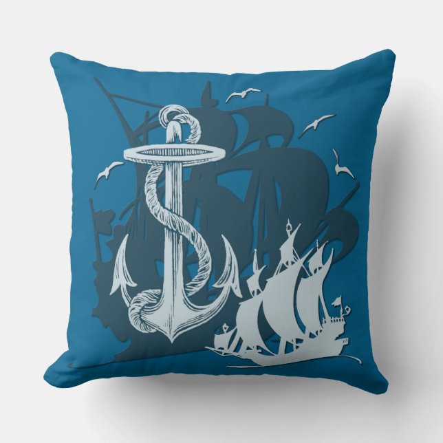 Pirate Ship & Anchor White Silhouette Cushion (Front)