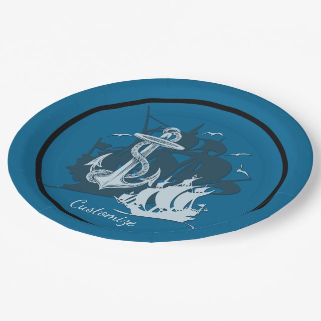 Pirate Ship & Anchor White Silhouette Paper Plates (Angled)