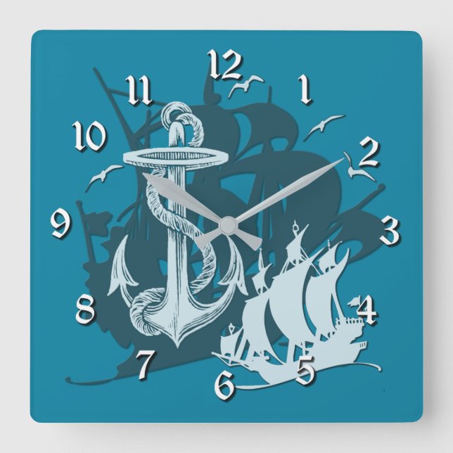 Pirate Ship & Anchor White Silhouette Wall Clock 2 (Front)