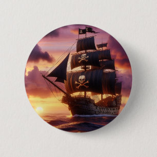 Pirate ship at sunrise/sunset 6 cm round badge