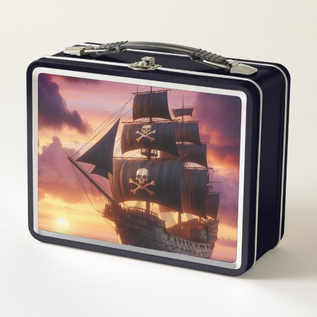 Pirate ship at sunrise/sunset  metal lunch box (Front)