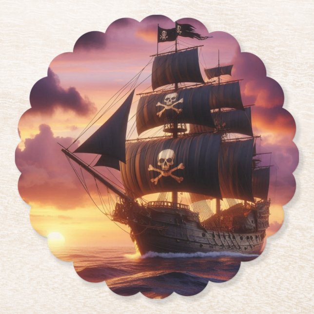 Pirate ship at sunrise/sunset  paper coaster (Front)