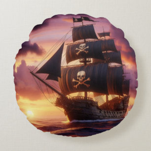 Pirate ship at sunrise/sunset round cushion
