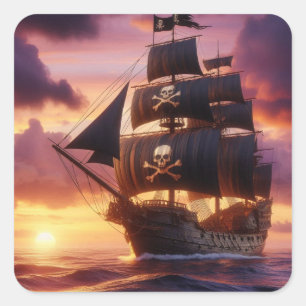 Pirate ship at sunrise/sunset  square sticker