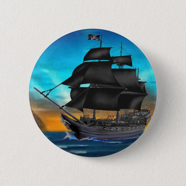 PIRATE SHIP AT SUNSET 6 CM ROUND BADGE (Front)