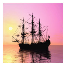 pirate ship at sunset