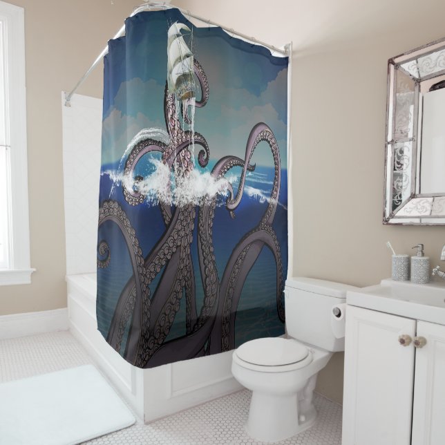 Pirate Ship Attacked by Giant Kraken Shower Curtain (In Situ)