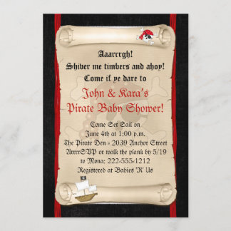 Pirate Ship Baby Shower Invitations - Red Skull