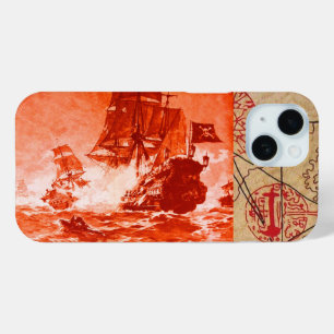 PIRATE SHIP BATTLE / ANTIQUE PIRATES TREASURE MAPS iPhone 15 CASE