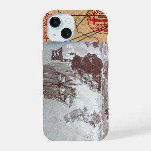 PIRATE SHIP BATTLE / ANTIQUE PIRATES TREASURE MAPS iPhone 15 CASE
