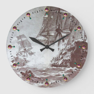 PIRATE SHIP BATTLE Black White Large Clock