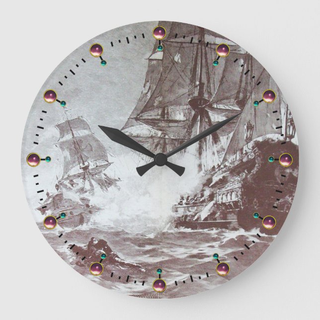 PIRATE SHIP BATTLE Black White Large Clock (Front)