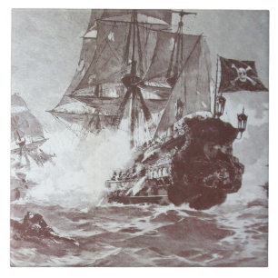PIRATE SHIP BATTLE IN BLACK AND WHITE CERAMIC TILE