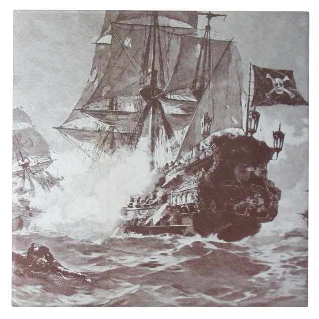 PIRATE SHIP BATTLE IN BLACK AND WHITE CERAMIC TILE (Front)
