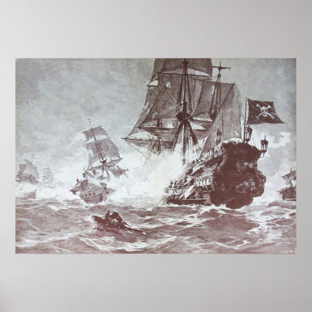 PIRATE SHIP BATTLE IN BLACK AND WHITE POSTER (Front)
