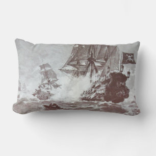 PIRATE SHIP BATTLE IN black white Lumbar Cushion