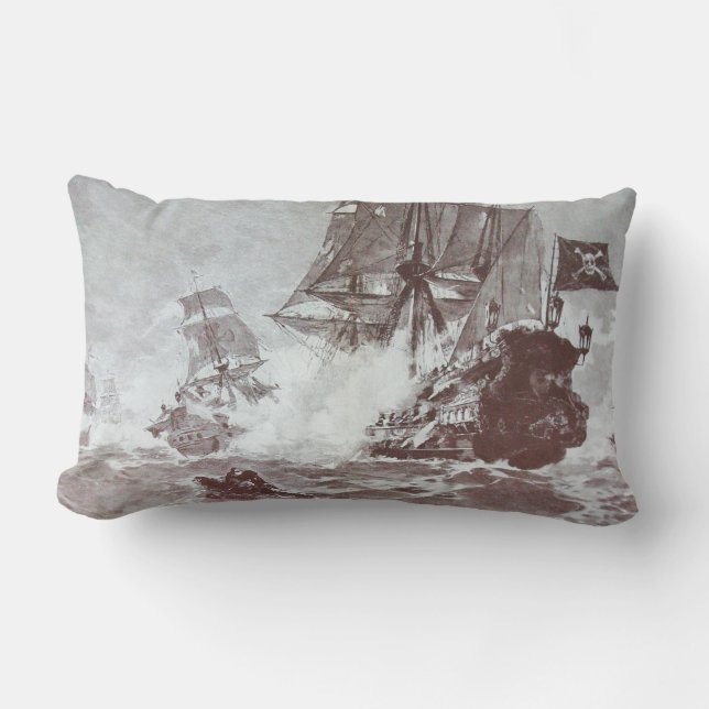 PIRATE SHIP BATTLE IN black white Lumbar Cushion (Front)