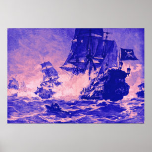PIRATE SHIP BATTLE IN BLUE AND PINK POSTER