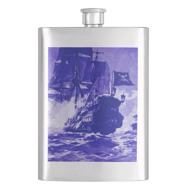PIRATE SHIP BATTLE IN blue Hip Flask (Front)