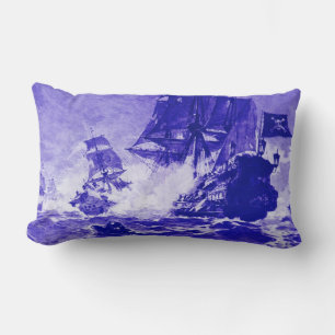 PIRATE SHIP BATTLE IN blue Lumbar Cushion