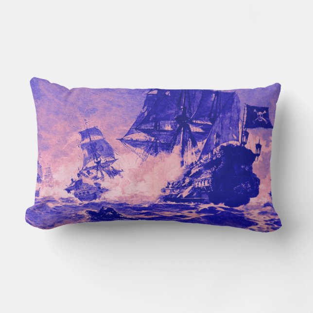 PIRATE SHIP BATTLE IN blue pink Lumbar Cushion (Front)