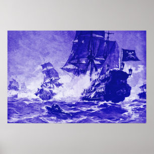 PIRATE SHIP BATTLE IN BLUE POSTER