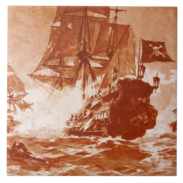 PIRATE SHIP BATTLE IN brown sepia Ceramic Tile (Front)