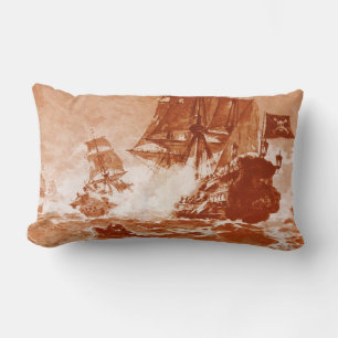 PIRATE SHIP BATTLE IN brown sepia Lumbar Cushion