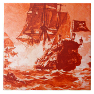 PIRATE SHIP BATTLE IN red Ceramic Tile