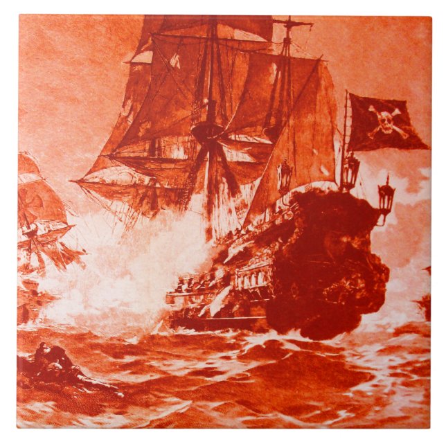 PIRATE SHIP BATTLE IN red Ceramic Tile (Front)