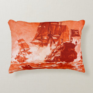 PIRATE SHIP BATTLE IN red Decorative Cushion